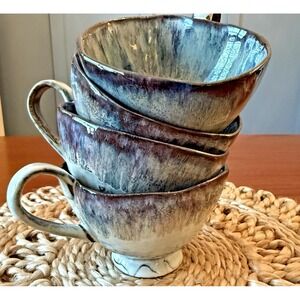 Set of 4 Artisan Pottery Tea Cups / Coffee Cups – Studio Style Drip Glaze – Blue